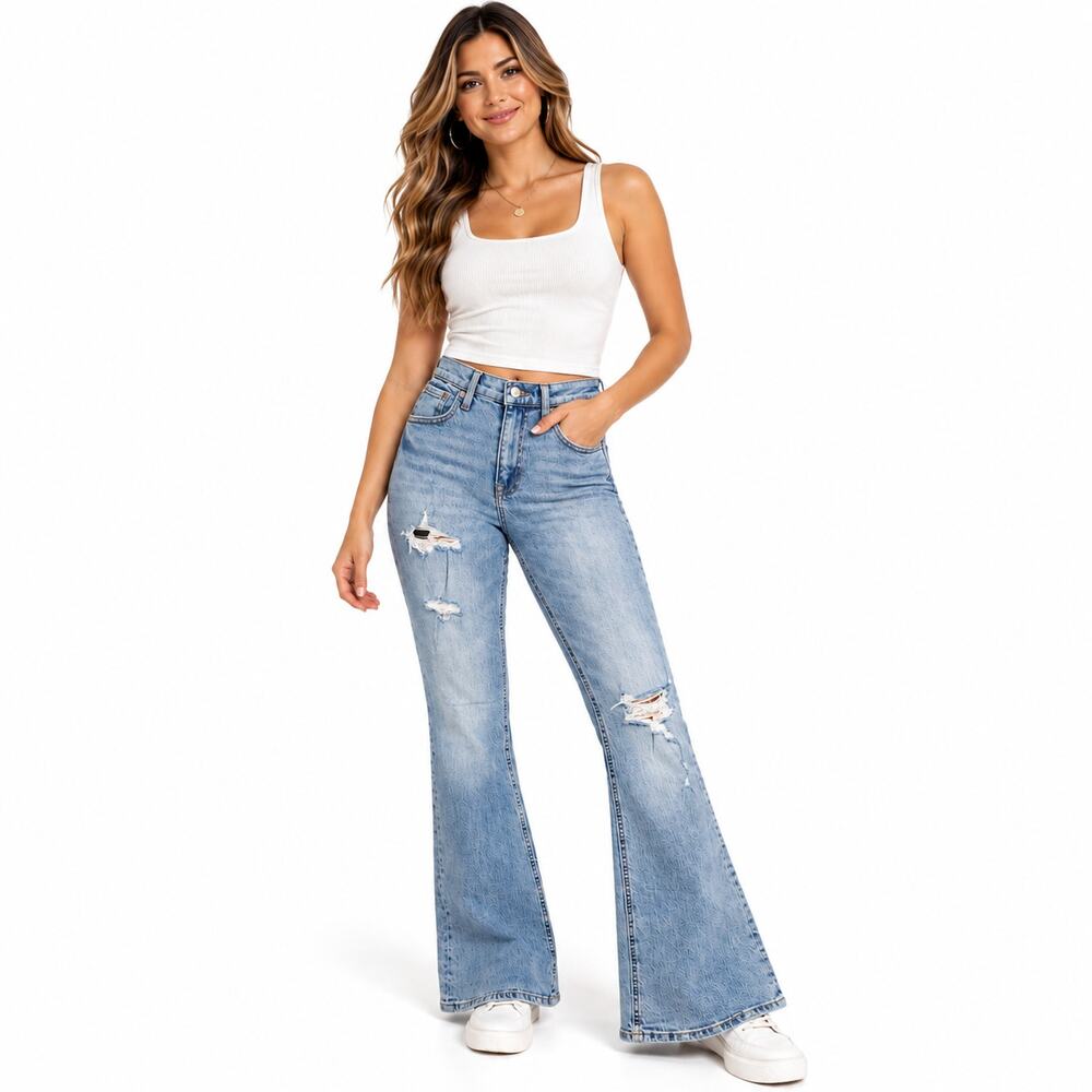 Aeropostale Womens Jeans Sz 4R Light Wash High Rise Flare Distressed Y2K Denim